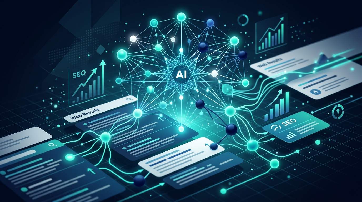Abstract representation of AI models analyzing search results